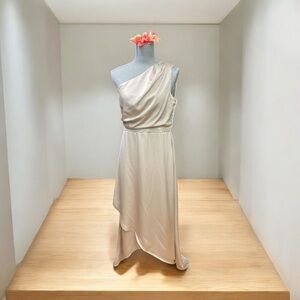 TFNC Bridesmaid satin one shoulder maxi dress with wrap skirt in champagne brown